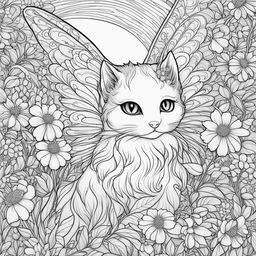 A high-quality colouring book page featuring a kitty fairy with intricate wings in a field of detailed blossoms