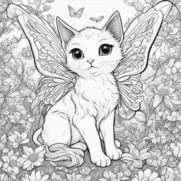 A high-quality colouring book page featuring a kitty fairy with intricate wings in a field of detailed blossoms