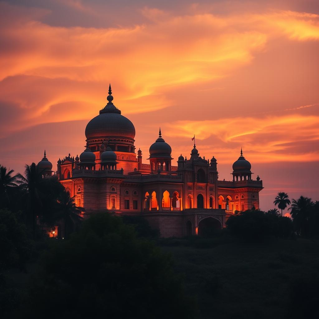 A stunning Indian castle set against a beautiful dusk sky, showcasing intricate architectural details such as domes and arches