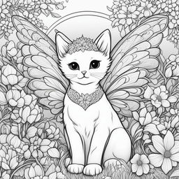 A high-quality colouring book page featuring a kitty fairy with intricate wings in a field of detailed blossoms