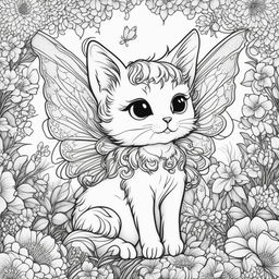 A high-quality colouring book page featuring a kitty fairy with intricate wings in a field of detailed blossoms