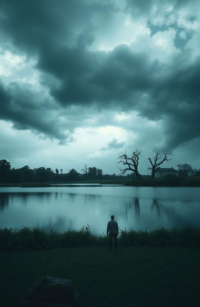 A serene scene that evokes a sense of overwhelming fear, depicting a tranquil landscape juxtaposed with dark, ominous clouds looming above