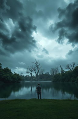 A serene scene that evokes a sense of overwhelming fear, depicting a tranquil landscape juxtaposed with dark, ominous clouds looming above