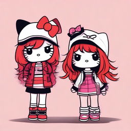 A digital art image featuring two Hello Kitty characters with unique styles