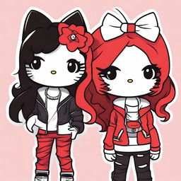 A digital art image featuring two Hello Kitty characters with unique styles