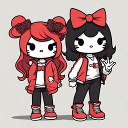 A digital art image featuring two Hello Kitty characters with unique styles