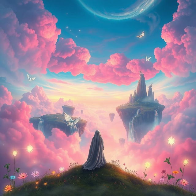 A mystical scene depicting a dreamlike landscape where dreams turn into reality