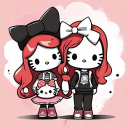 A digital art image featuring two Hello Kitty characters with unique styles