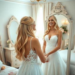A young beautiful bride with long, flowing blonde hair and sparkling blue eyes, wearing an exquisite white wedding dress