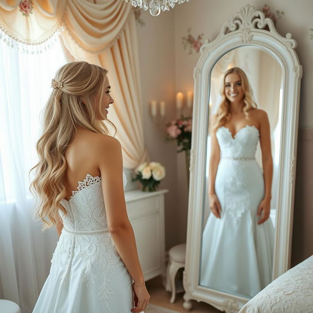 A young beautiful bride with long, flowing blonde hair and sparkling blue eyes, wearing an exquisite white wedding dress