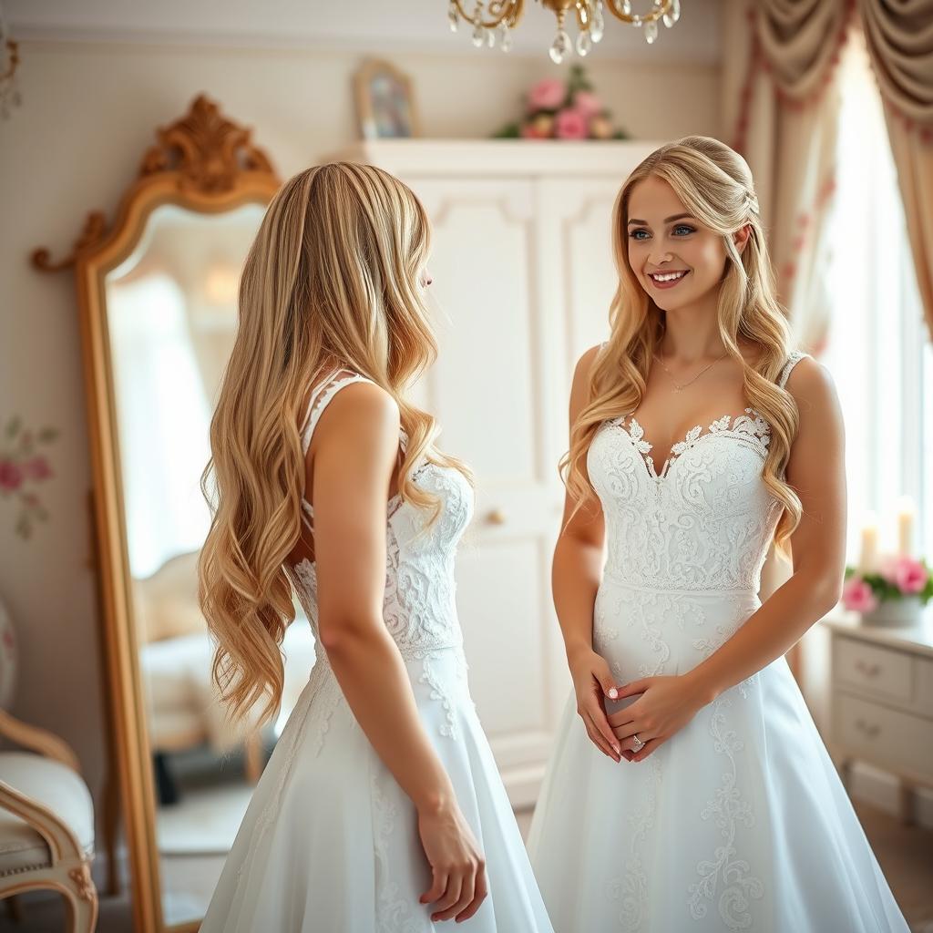 A young beautiful bride with long, flowing blonde hair and sparkling blue eyes, wearing an exquisite white wedding dress