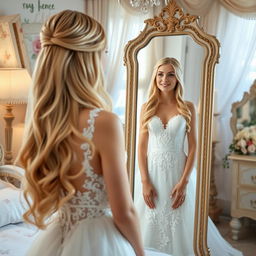 A young beautiful bride with long, flowing blonde hair and sparkling blue eyes, wearing an exquisite white wedding dress