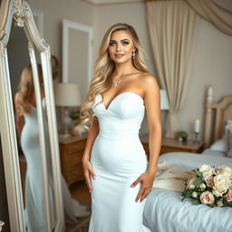 A young beautiful curvy bride with long, luscious blonde hair and striking blue eyes, wearing a form-fitting, elegant white wedding dress that accentuates her figure