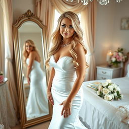 A young beautiful curvy bride with long, luscious blonde hair and striking blue eyes, wearing a form-fitting, elegant white wedding dress that accentuates her figure