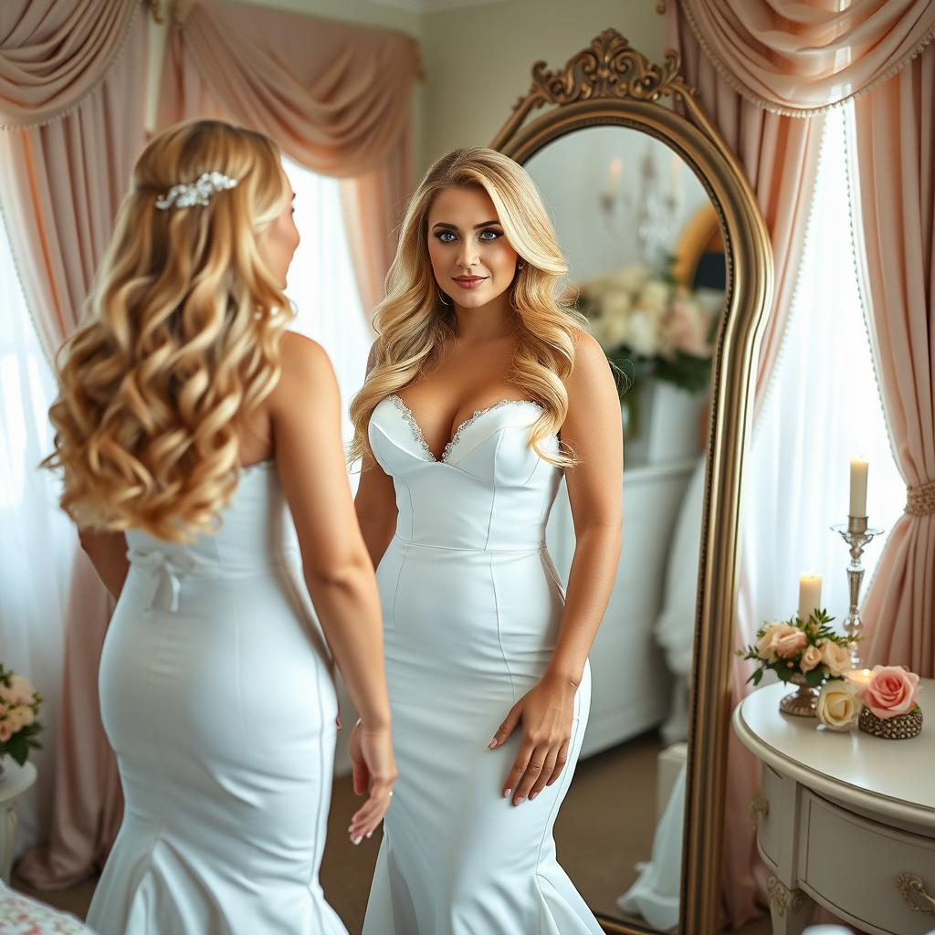 A young beautiful curvy bride with long, luscious blonde hair and striking blue eyes, wearing a form-fitting, elegant white wedding dress that accentuates her figure