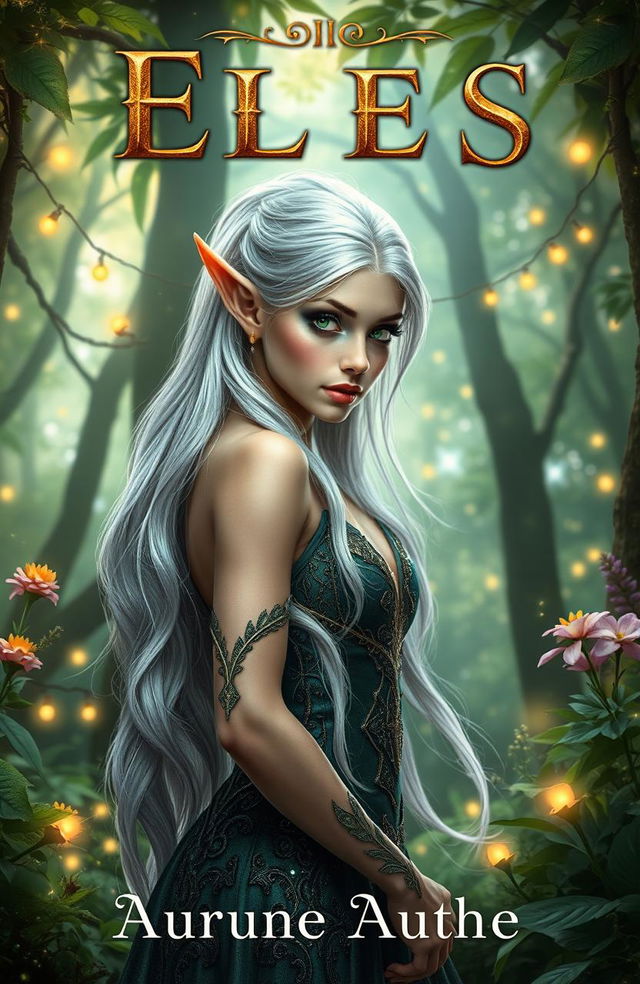 A captivating book cover design featuring a sexy elf with long flowing silver hair, wearing an intricate dark green and gold gown that elegantly hugs her curves