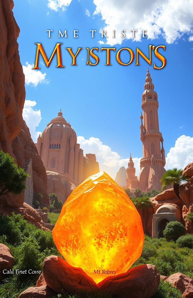 A stunning fantasy book cover featuring a large, radiant sun stone glowing with vibrant orange and yellow hues, positioned in the foreground