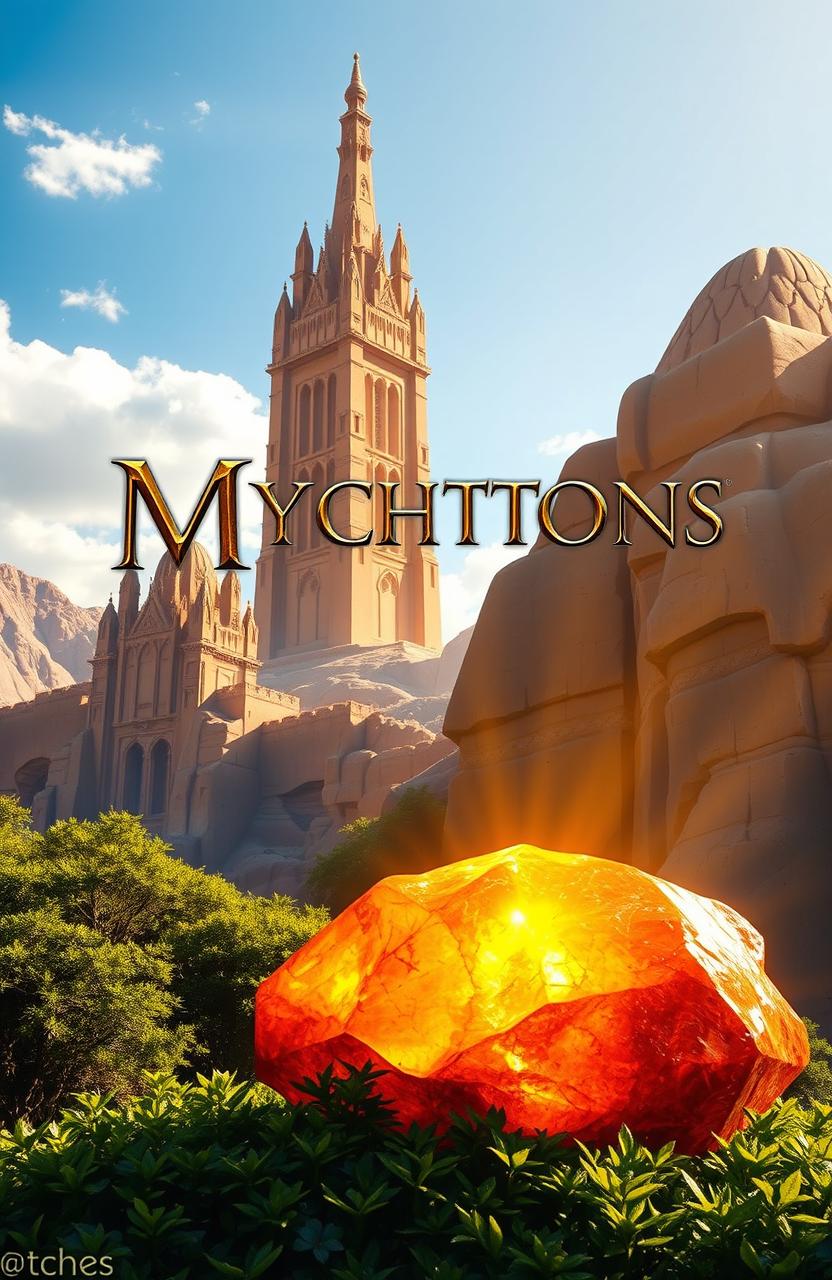 A stunning fantasy book cover featuring a large, radiant sun stone glowing with vibrant orange and yellow hues, positioned in the foreground