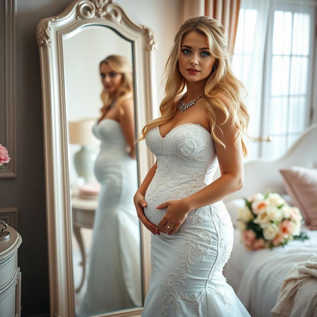 A young beautiful curvy bride with long, flowing blonde hair and captivating blue eyes, wearing a snug-fitting wedding dress that emphasizes her belly, hips, and legs