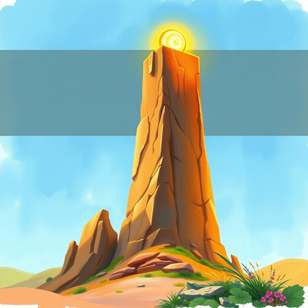 A painterly fantasy book cover depicting a tall sandstone tower, richly detailed, crowned with a large, radiant sun stone embedded at its pinnacle