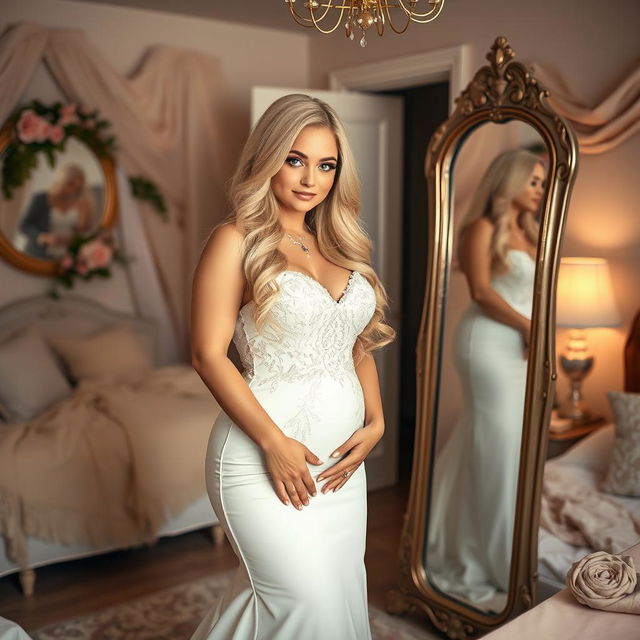 A young beautiful curvy bride with long, radiant blonde hair and striking blue eyes, wearing a fitted wedding dress that accentuates her belly, hips, and legs