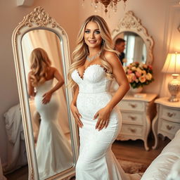 A young beautiful curvy bride with long, radiant blonde hair and striking blue eyes, wearing a fitted wedding dress that accentuates her belly, hips, and legs