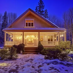 A quaint, cozy home warmly lit against a blissful landscape setting.