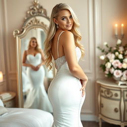 A young beautiful curvy bride with long, flowing blonde hair and captivating blue eyes, wearing a fitted white wedding dress that emphasizes her belly, hips, legs, and heart-shaped butt