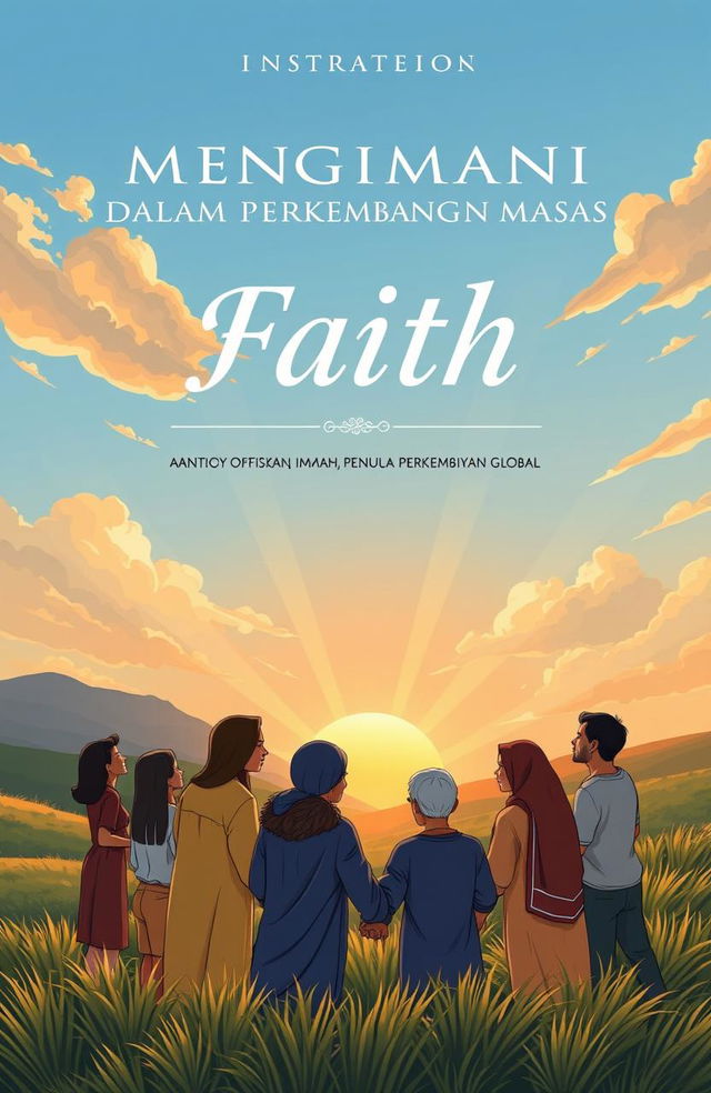 An illustration art style book cover design for the concept of faith, titled 'MENGIMANI DALAM PERKEMBANGAN MASA - PENTINGNYA MENGOKOHKAN IMAN DALAM PENGARUH PERKEMBANGAN GLOBAL'