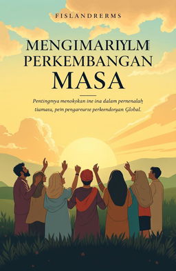 An illustration art style book cover design for the concept of faith, titled 'MENGIMANI DALAM PERKEMBANGAN MASA - PENTINGNYA MENGOKOHKAN IMAN DALAM PENGARUH PERKEMBANGAN GLOBAL'