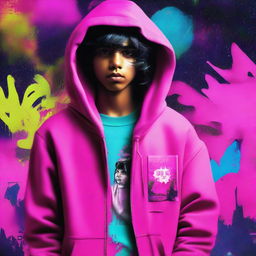 This digital art features an Indian boy with black, wavy, medium-length hair, wearing a neon pink hoodie