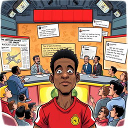 A dynamic editorial cartoon depicting a critical analysis of racism in sports, focusing on Vinicius Jr