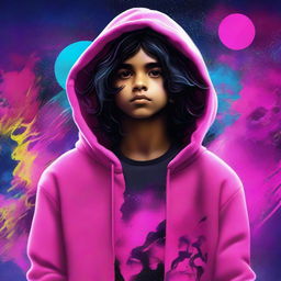 This digital art features an Indian boy with black, wavy, medium-length hair, wearing a neon pink hoodie