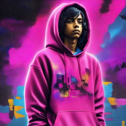 This digital art features an Indian boy with black, wavy, medium-length hair, wearing a neon pink hoodie