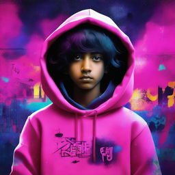 This digital art features an Indian boy with black, wavy, medium-length hair, wearing a neon pink hoodie