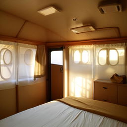 A well-lit room featuring two windows, a door, and a strategically placed cupboard near one window for ventilation. Also includes a comfortable bed and an additional external cupboard.