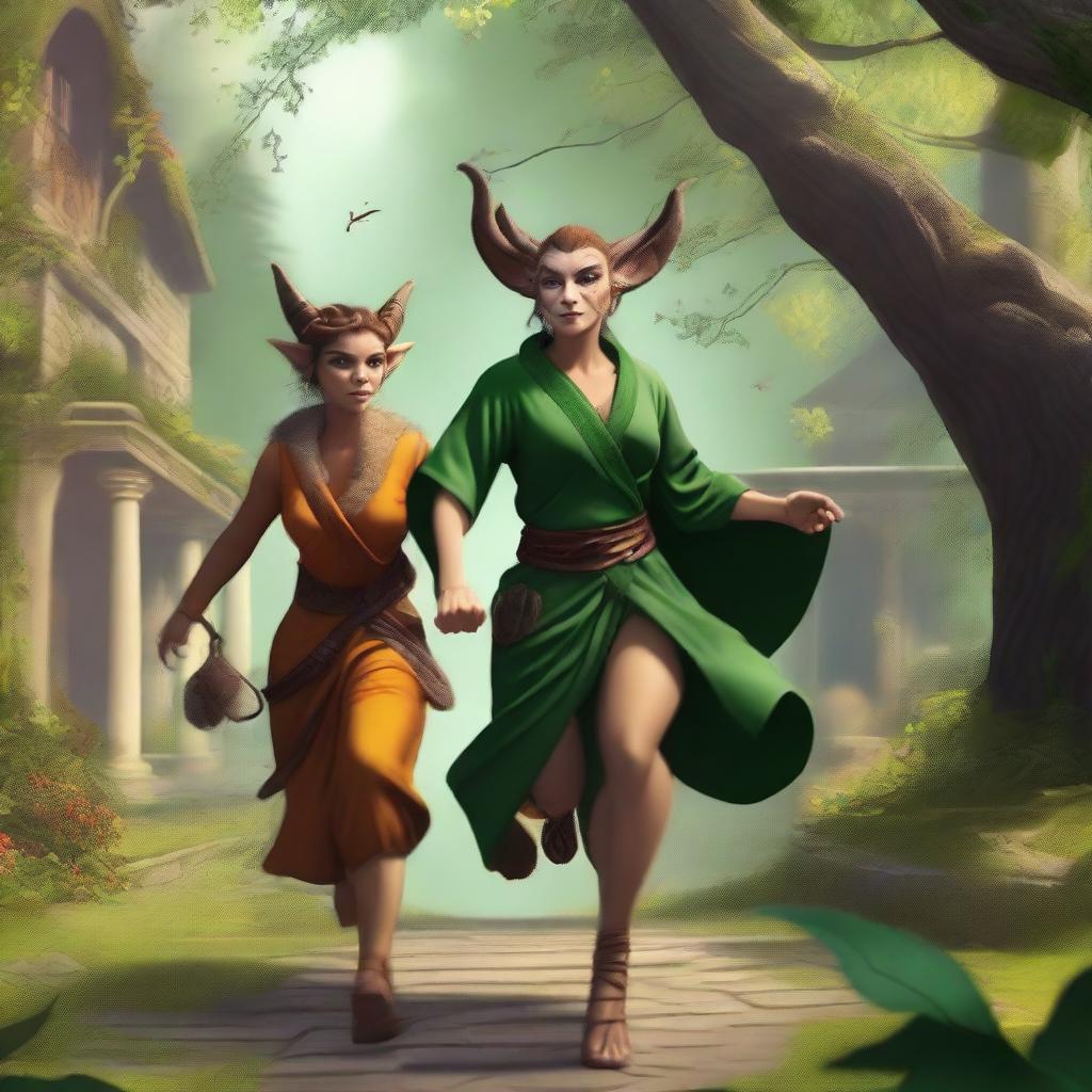 This digital art image portrays a female Satyr Druid, styled after Robin Hood, and her Tabaxi Monk partner fleeing from a mansion they've just robbed