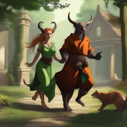 This digital art image portrays a female Satyr Druid, styled after Robin Hood, and her Tabaxi Monk partner fleeing from a mansion they've just robbed