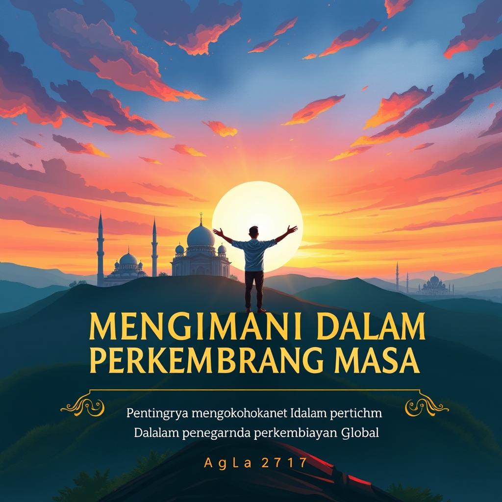 An illustration art style book cover design titled 'MENGIMANI DALAM PERKEMBANGAN MASA -PENTINGNYA MENGOKOHKAN IMAN DALAM PENGARUH PERKEMBANGAN GLOBAL'