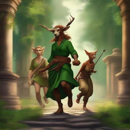 This digital art image portrays a female Satyr Druid, styled after Robin Hood, and her Tabaxi Monk partner fleeing from a mansion they've just robbed