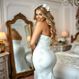 A young beautiful curvy bride with gorgeous long blonde hair and stunning blue eyes, wearing a tight wedding dress that highlights her belly, hips, legs, and heart-shaped butt