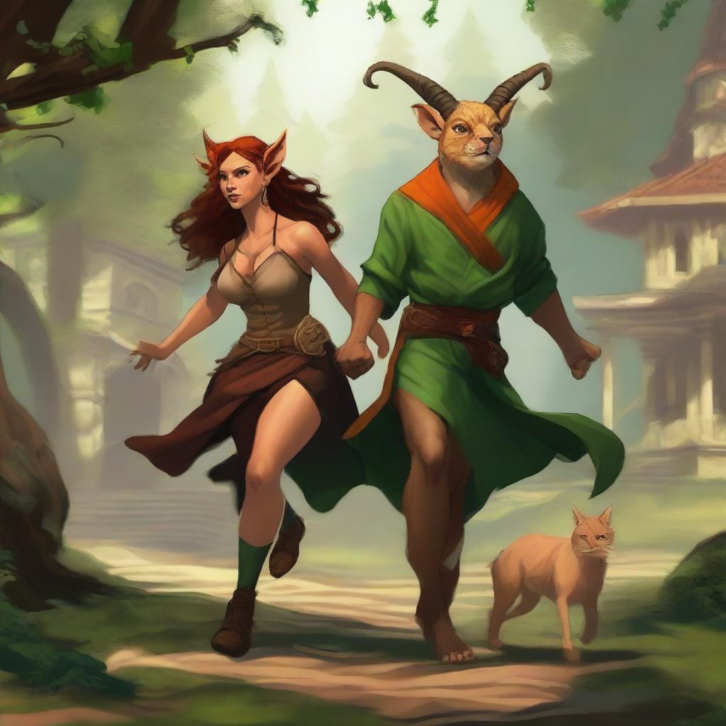 This digital art image portrays a female Satyr Druid, styled after Robin Hood, and her Tabaxi Monk partner fleeing from a mansion they've just robbed