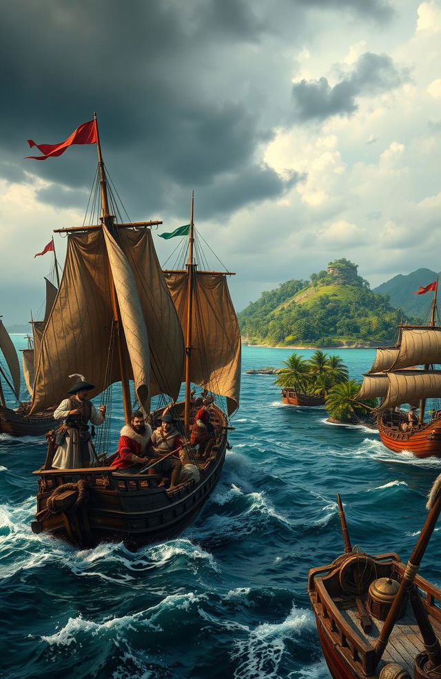 A dramatic scene depicting a 16th-century maritime battle in the Indonesian archipelago over spice routes