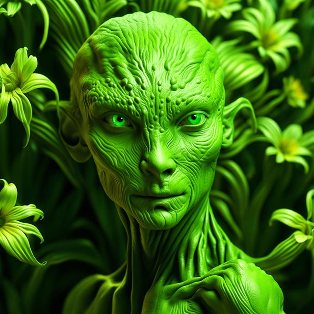 A hyper-realistic 3D render of a lime-green alien-human hybrid in a close-up shot