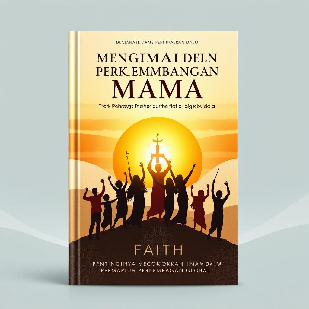 An enchanting book cover design titled 'MENGIMANI DALAM PERKEMBANGAN MASA - PENTINGNYA MENGOKOHKAN IMAN DALAM PENGARUH PERKEMBANGAN GLOBAL', representing the concept of faith