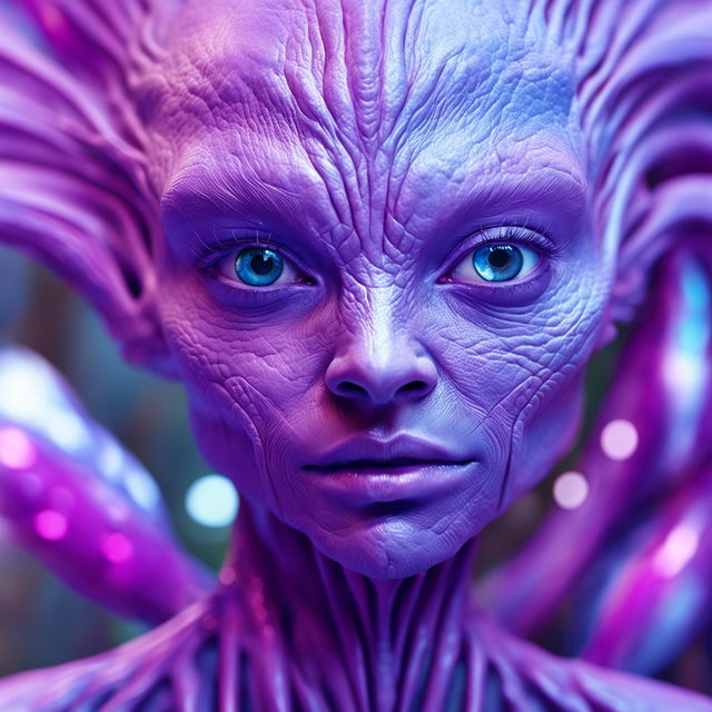 A hyper-realistic 3D cinema photograph of a beautiful lilac alien-human hybrid with more human features is presented