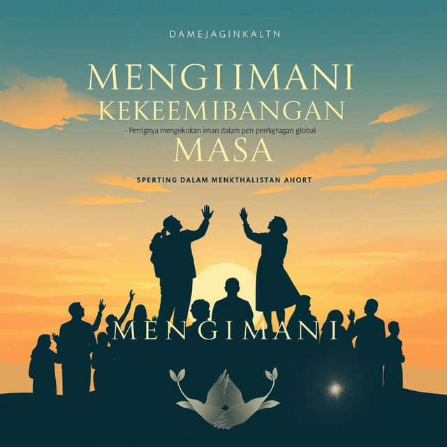 An illustration art style book cover design for a book titled 'MENGIMANI DALAM PERKEMBANGAN MASA -PENTINGNYA MENGOKOHKAN IMAN DALAM PENGARUH PERKEMBANGAN GLOBAL'