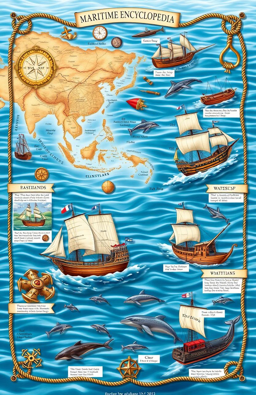 A beautiful illustration of a maritime encyclopedia, featuring detailed maps of ancient sea routes, navigational tools like astrolabes and compasses, ships from different historical periods such as Viking longships and Chinese junks, and various marine life including dolphins and whales