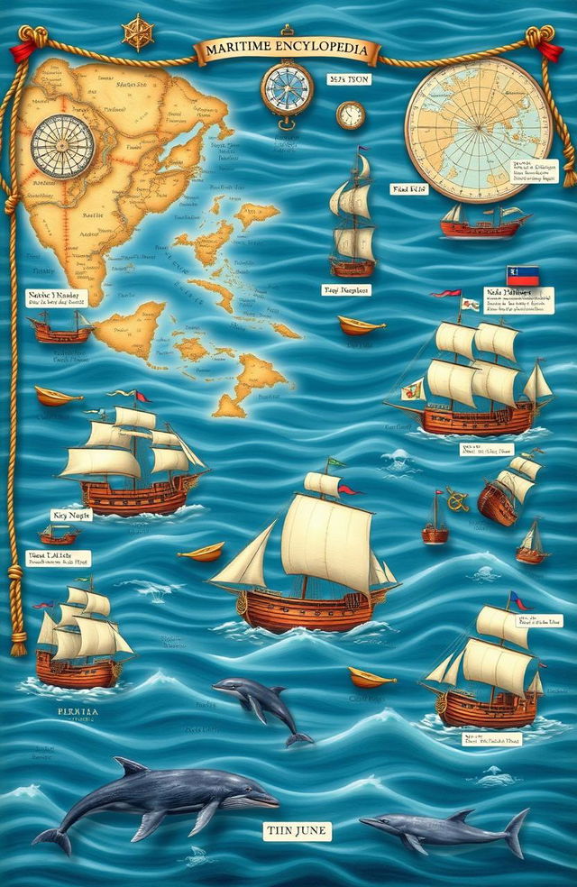 A beautiful illustration of a maritime encyclopedia, featuring detailed maps of ancient sea routes, navigational tools like astrolabes and compasses, ships from different historical periods such as Viking longships and Chinese junks, and various marine life including dolphins and whales