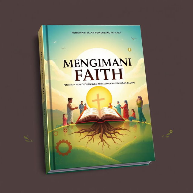 An illustrated book cover design that encapsulates the concept of faith, featuring the title "MENGIMANI DALAM PERKEMBANGAN MASA - PENTINGNYA MENGOKOHKAN IMAN DALAM PENGARUH PERKEMBANGAN GLOBAL" prominently displayed